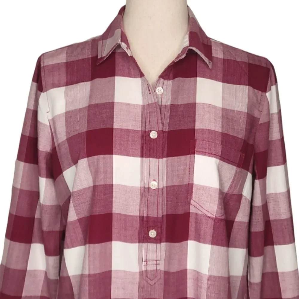 J. Crew Purple Plaid 100% Cotton Half Button Down Long Sleeve Tunic Top
